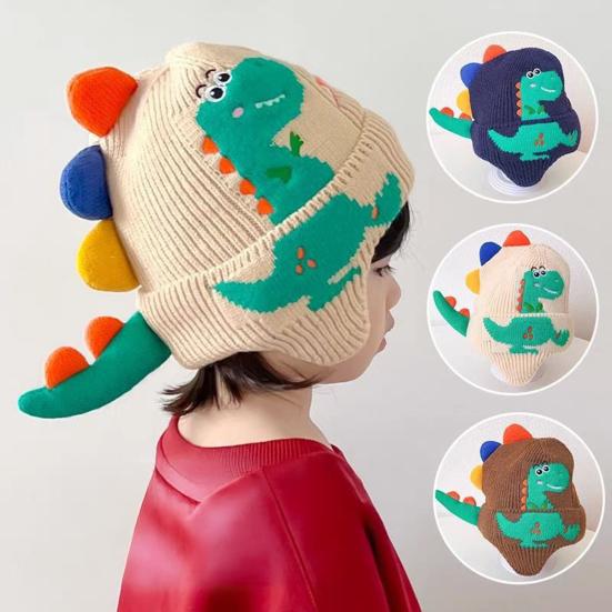 Children Hat Cartoon Dinosaur Design Knitted Hat Soft Warm Ear Protection Kids Animal-themed Hat Winter Accessory