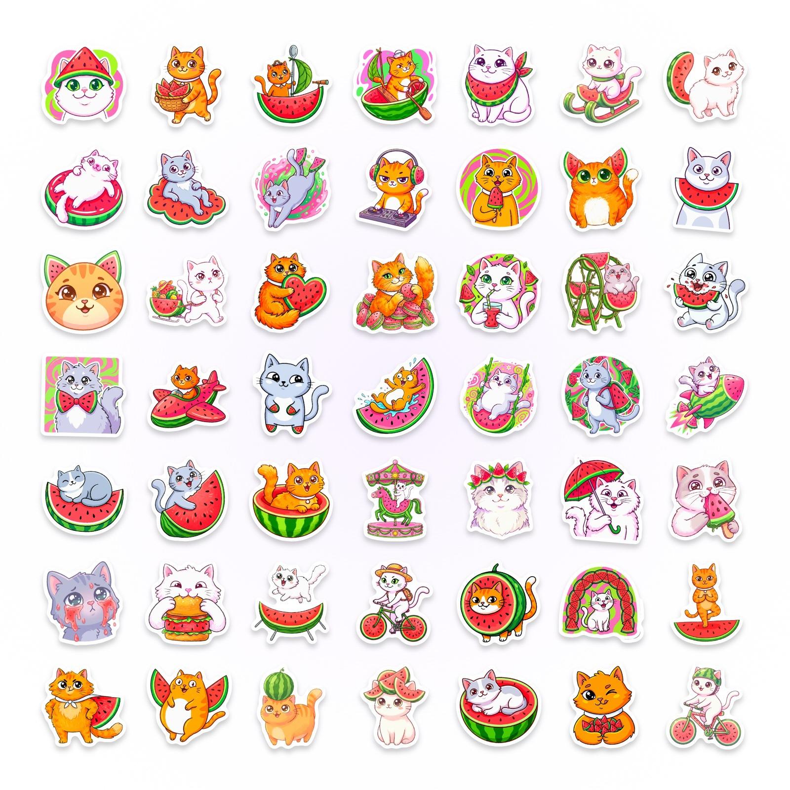 

50 Cartoon Watermelon Cat Stickers Cure Fun Cat Suitcase Water Stickers Beautify Decorative Stickers