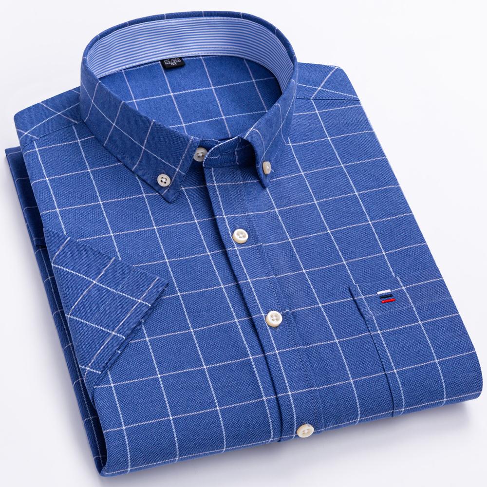 Herren 100% Baumwolle Mehrfarbig Kariert Oxford Hemden Kurzarm Regular Fit Kragen Freizeit Button-Down-Hemd mit Tasche