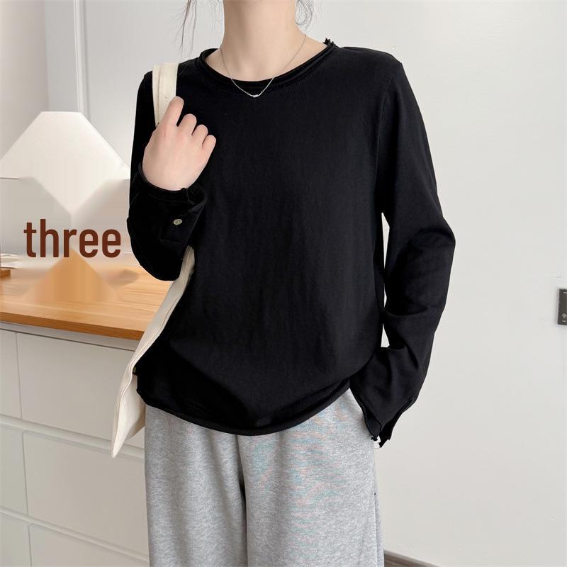 Plus Size Women's Long Sleeve Spring Top - Frayed Hem Snowflake Cotton Shirt, Simple Inner Layer T-shirt for Chubby Girls