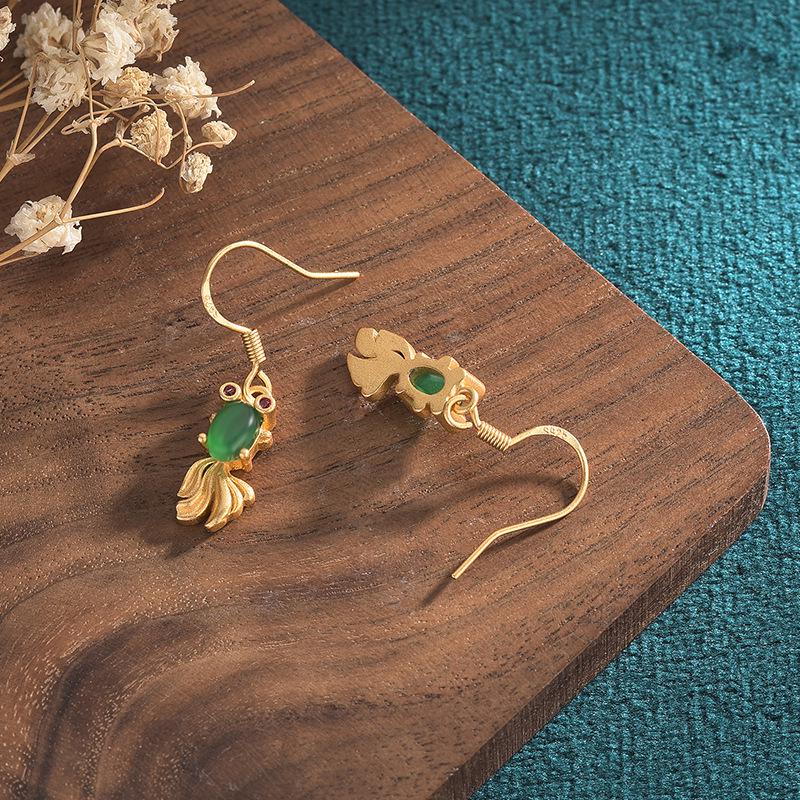 Chinese-Style Gold Plated Koi Fish Earrings: Dangle Design with 925 Silver Needles, Inlaid Natural Chalcedony Agate.