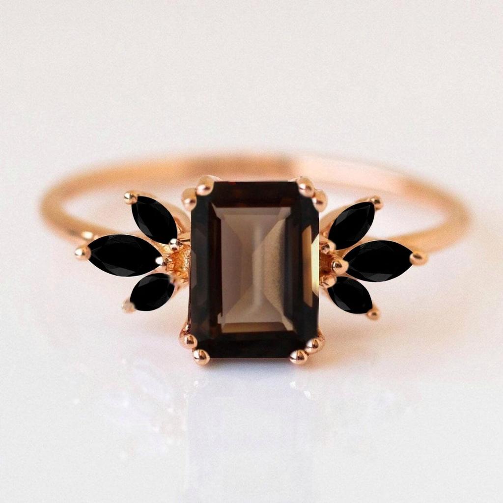 Emerald Cut Smoky Quartz & Black Onyx Ring – Yellow Gold Plated Cluster Statement Ring, Engagement Wedding Jewellery Gift for Women