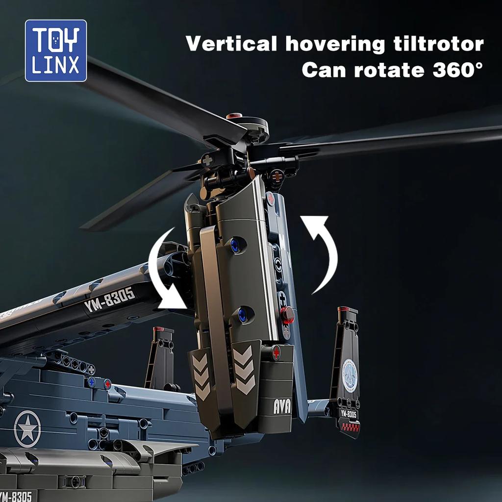 TOYLINX 1486pcs Tiltrotor Aircraft Helicopter Building Blocks 360° Propeller Military Helicopter Block DIY Airplane Assembly Toy