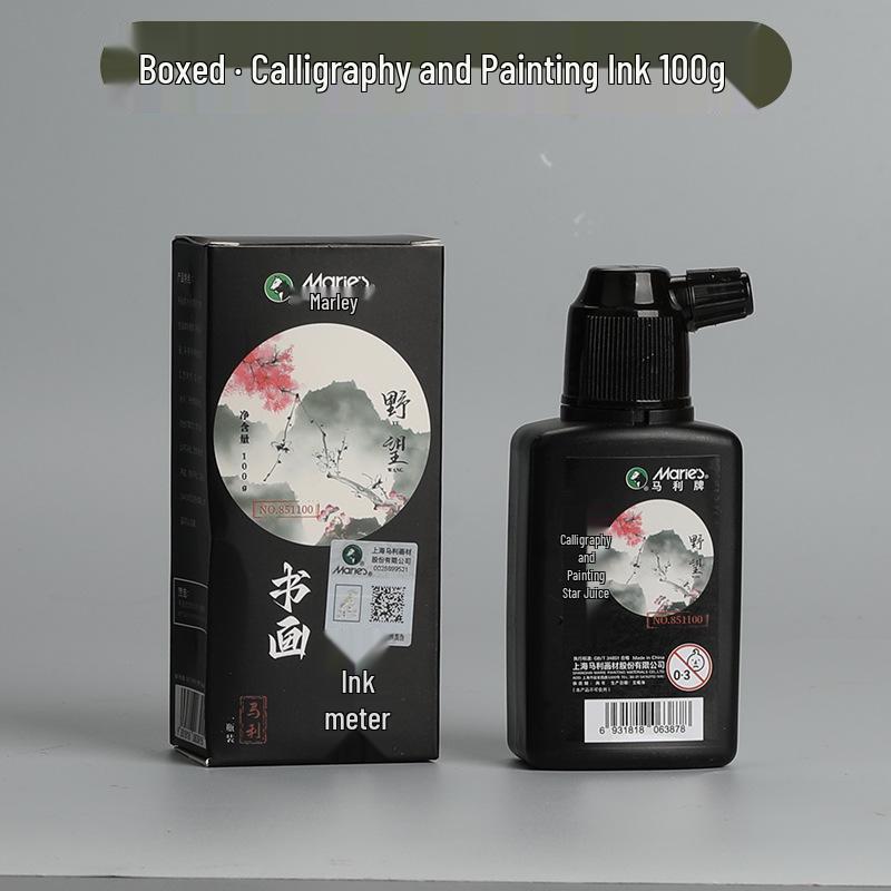 Mali Golden Calligraphy Ink – 500g Bottle, 100g Brush; Ideal for Chinese Painting & Calligraphy.