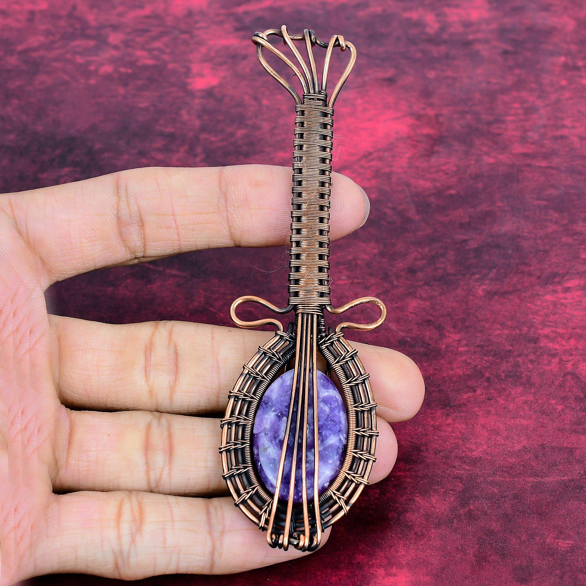 Lepidolite Pendant Copper Wire Wrapped Guitar Pendant Gemstone Handmade Jewelry