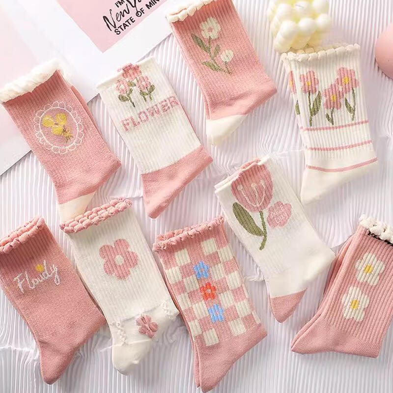 9-Pair Set of Piu Flower Lace Frill Non-Compression Socks