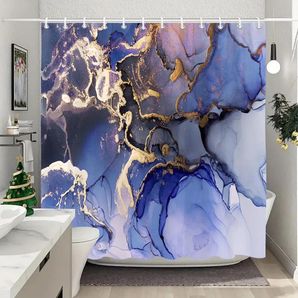 Blue Gold Textured Marble Shower Curtain Black White Natural Art Pattern Polyester Fabric Washable Shower Curtain Bathroom Dec