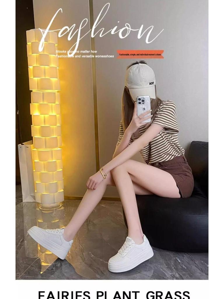 Dámské bílé prodyšné boty se silnou podrážkou - Pohodlné, protiskluzové, lehké, zvyšující výšku, skate tenisky na jaro a podzim