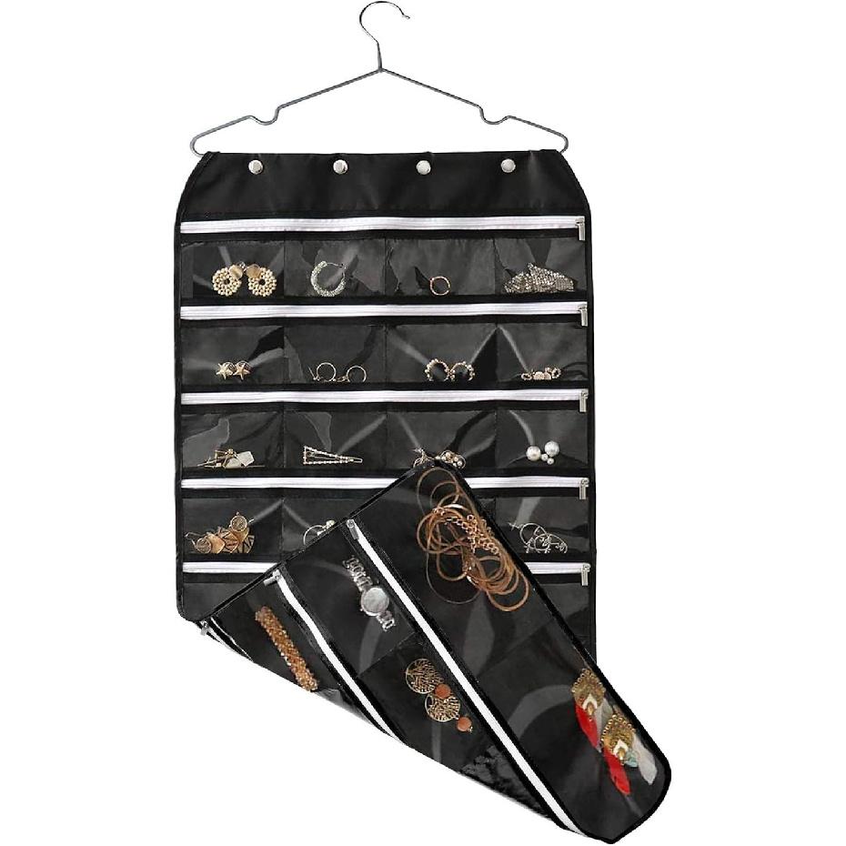 Hanging Jewelry Organizer with Zipper,Dual-Sided 56 Clear Pockets for Earrings Necklace Bracelet Ring Accessory Display (Black)