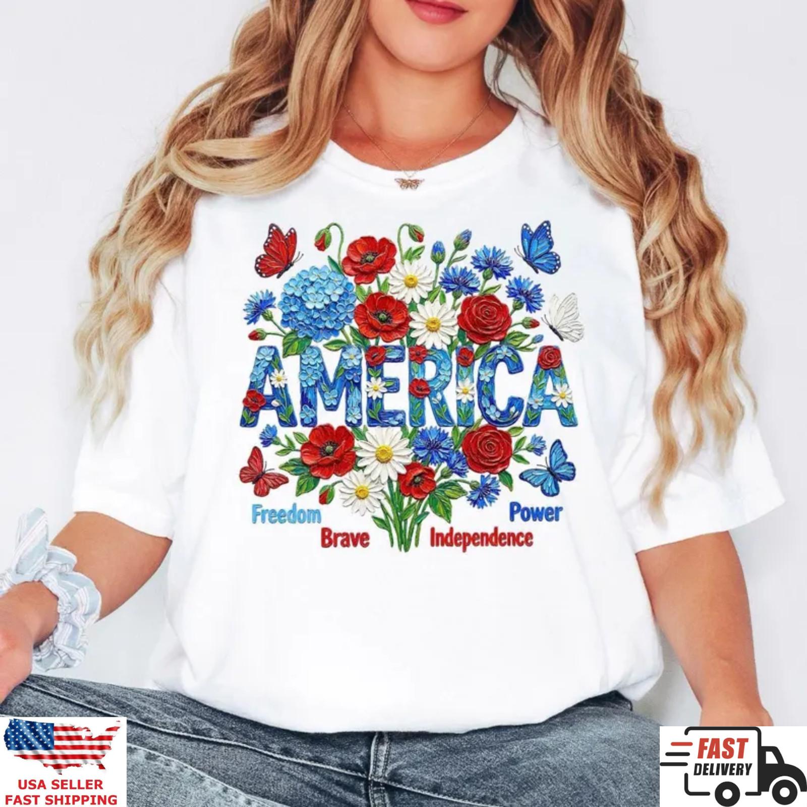 America Floral Shirt Patriotic USA Flower Tee 4th July Gift Women S