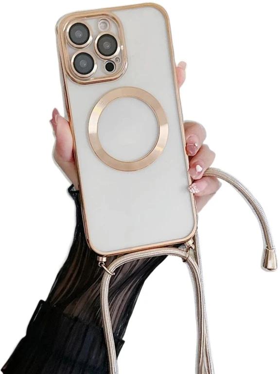 Electroplated transparent magnetic Magsafe wireless charging case suitable for iPhone 16 15 14 12 13 Pro Max  neckla case