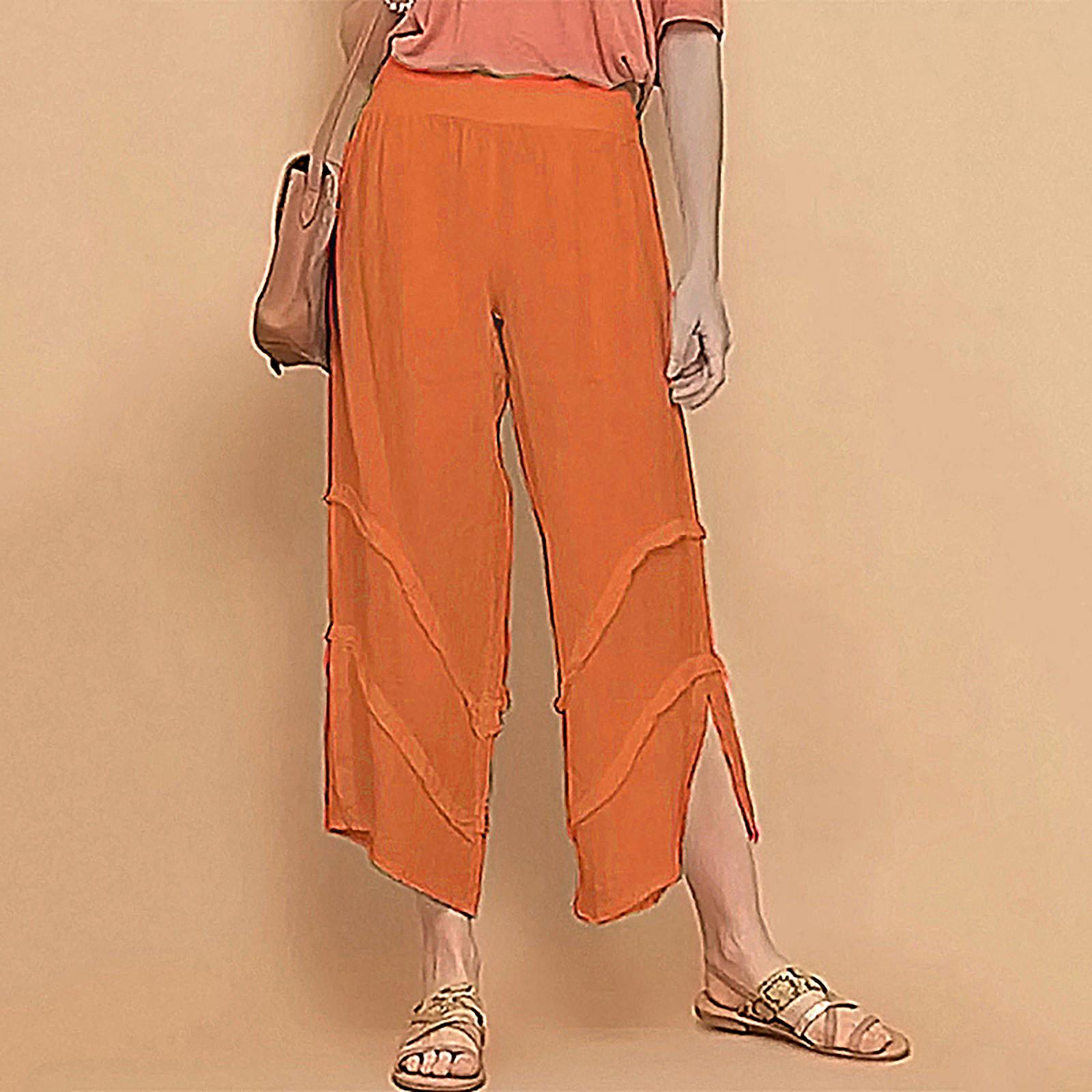 

Женские повседневные хлопковые льняные брюки с рюшами, однотонные брюки с разрезом, карманные брюки XXL оранжевый