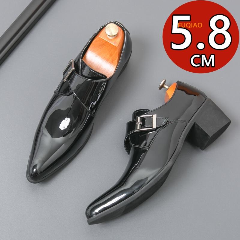 Mens Formal Male Shoes Side Buckle Leather Shoes Pointed Toe 5.8cm Height Gentleman Wedding Party High Heel Footwear for Man