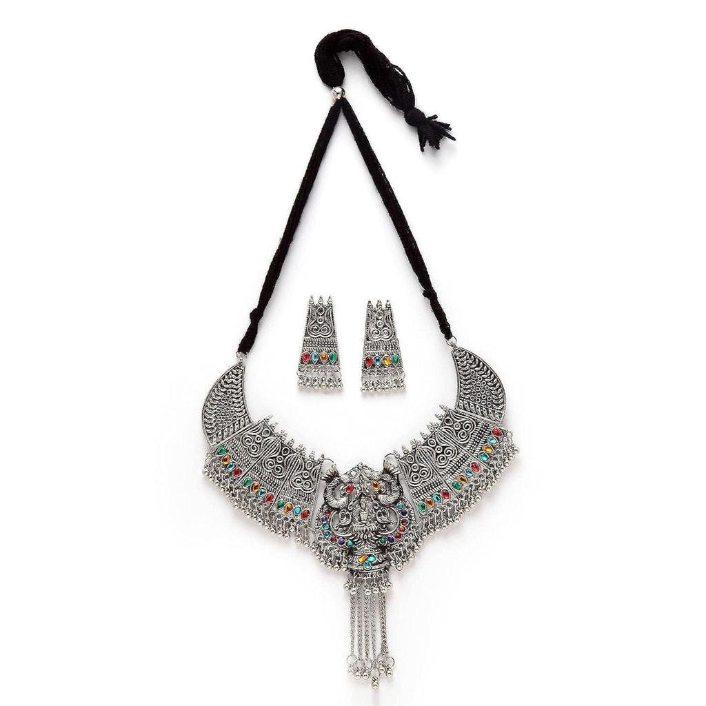 Shining Diva Fashion Latest Stylish Traditional Oxidised Silver Necklace Jewellery Set for Women