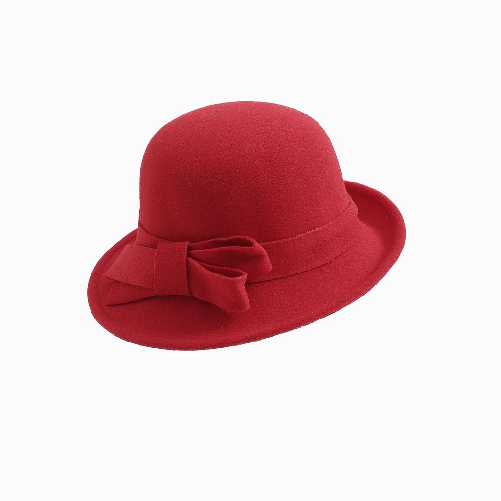 Women's French Wool Felt Bucket Hat with Curled Brim – Warm, Bow-Tied, Autumn/Winter Style