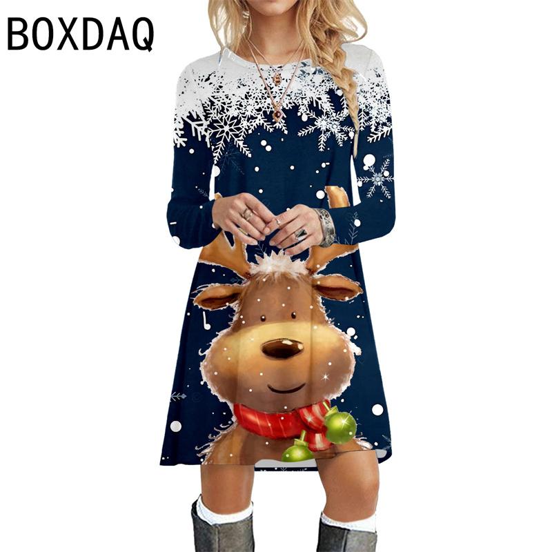 Ladies' Christmas Dress Long Sleeve O-Neck Big Size Casual Dress 3D Fun Cartoon Christmas Deer Pattern Gradient Print Dresses