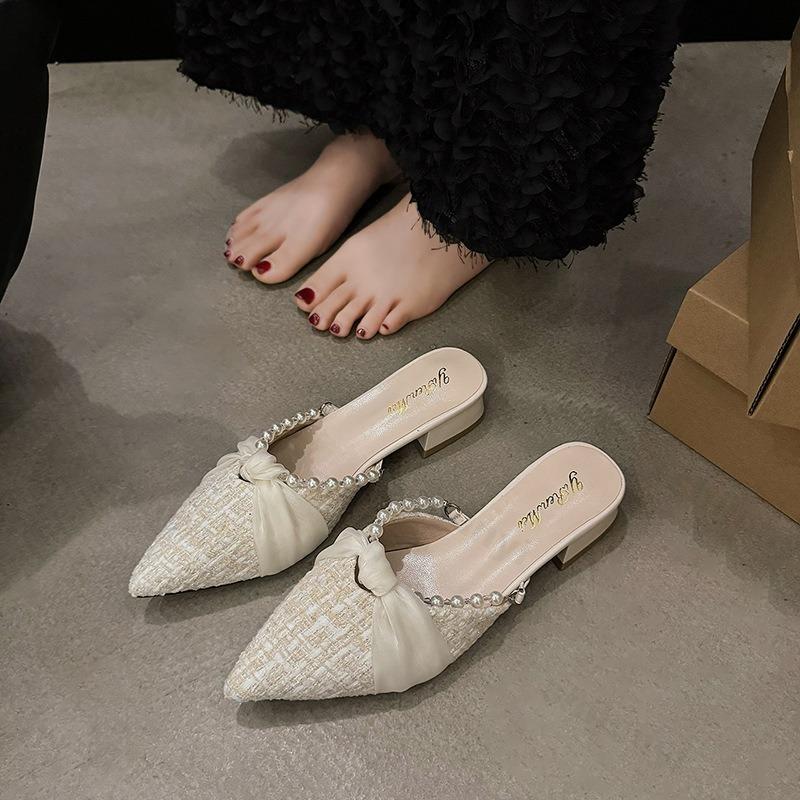 Summer Women's Slippers 2026 Butterfly-Knot Low Mules Shoes Pointed Toe French Casual Slide Fashion Pearl Outdoor Half Slippers