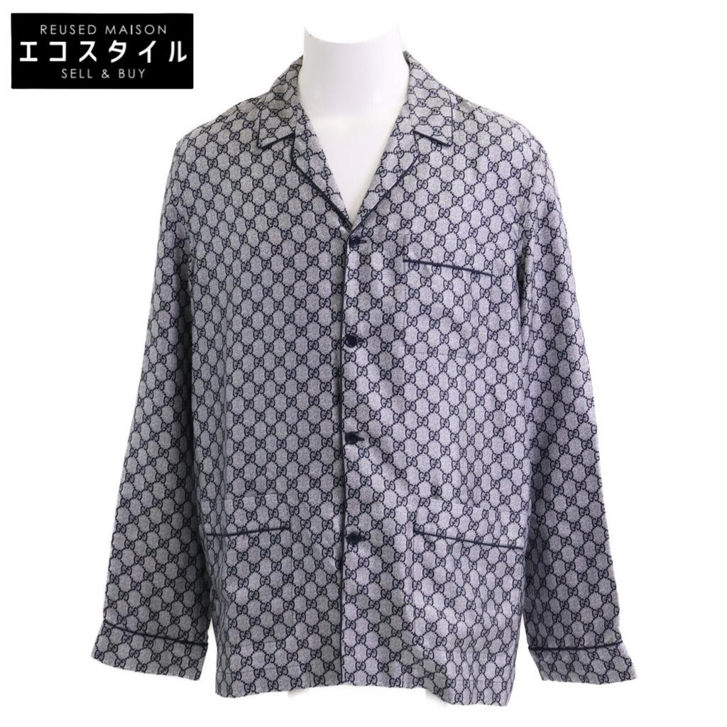 GUCCI [/Domestic Regular] 794903 GG Print Silk Long Sleeve Pajama Shirt/ tops Navy / grayUsed