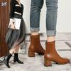 Short Boots Women's High Heel Thick Heel New Boots Soft Leather White French Square Head Autumn and Winter Velvet Medium Tube Thin Boots