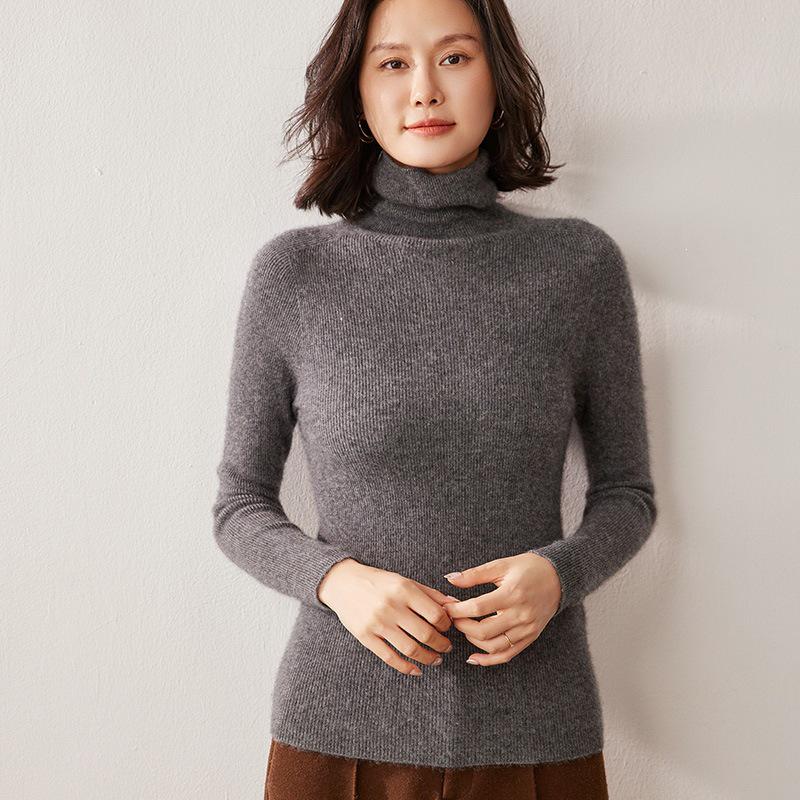 Women's High Neck Cashmere Sweater: Slim Fit Long Sleeve, Stacked Collar Knit for Autumn/Winter