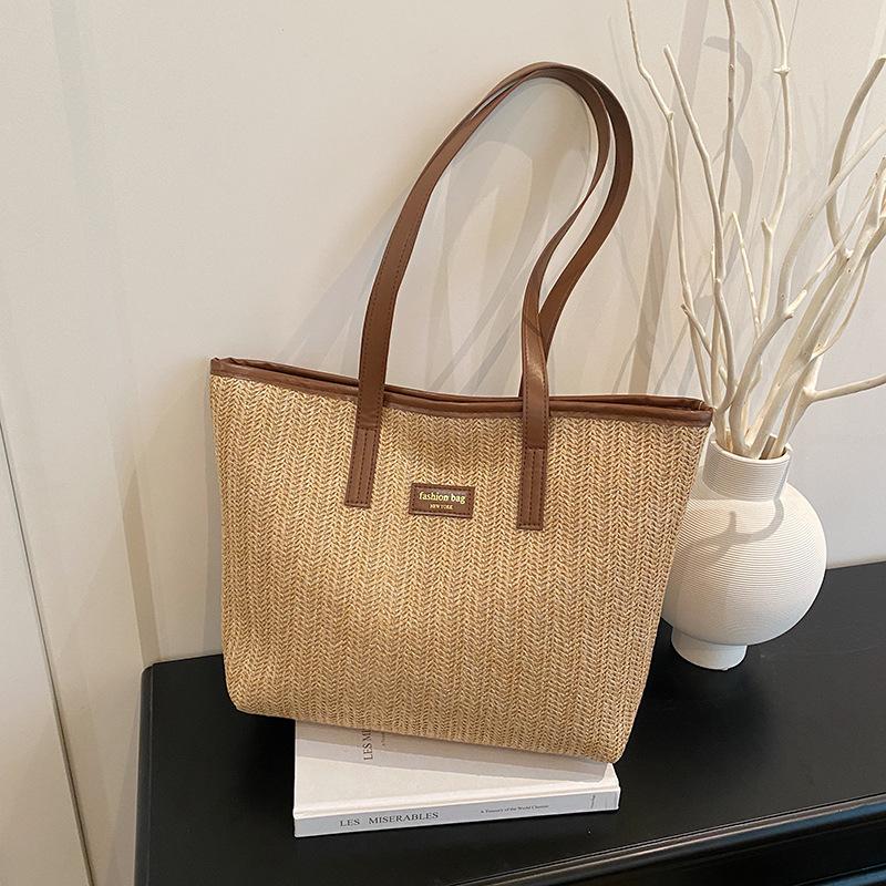 Large capacity bag 2025 new trendy high-end shoulder bag women's bag fashionable work commuter bag straw tote bag