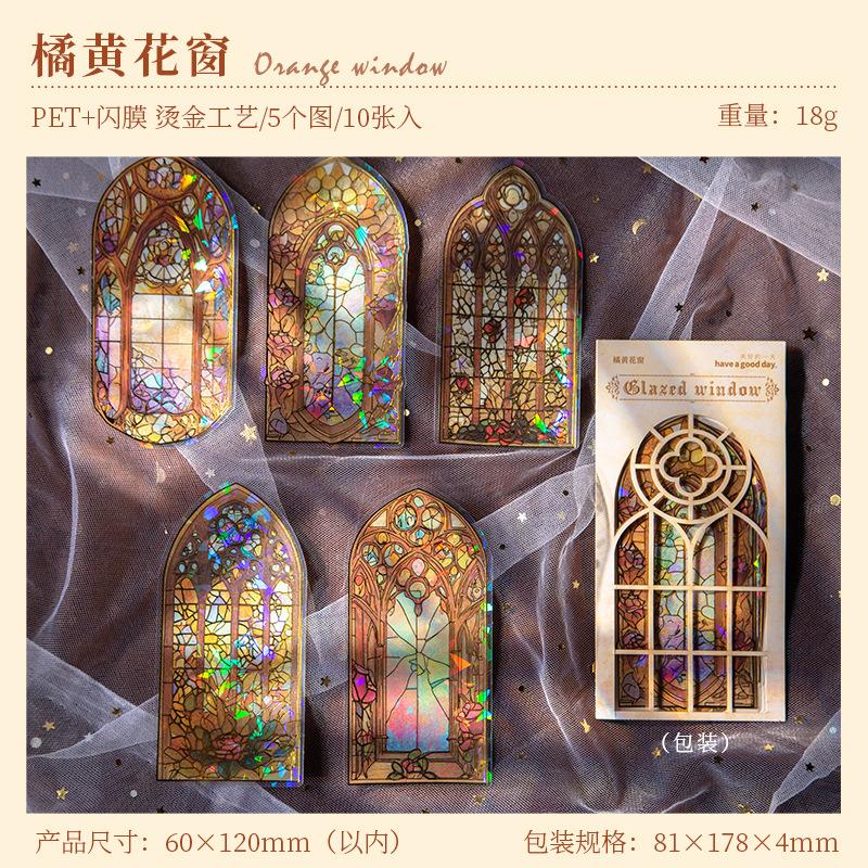 10pcs Glazed flower window series stickers retro hand account European style flower window bronzing PET material stickers
