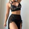 Off The Shoulder Lace Trim Sheer Mesh Slit Skirt And Lingerie Four Piece Set Underwear