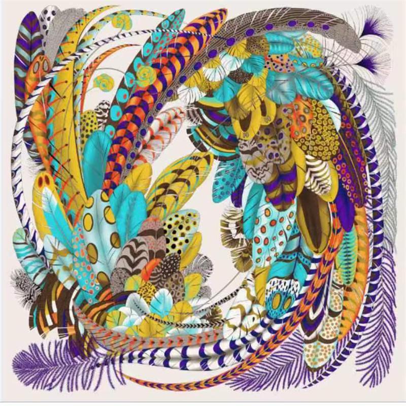 POBING Silk Scarf Women Large Shawls Feather Print Square Bandana Luxury Muslim Hijab Scarves Wraps Female Foulards 130CM