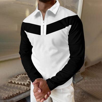 New Autumn Men's Long-sleeved Lapel Black and White Colour Blocking Loose POLO Shirt Men's Polo Shirt