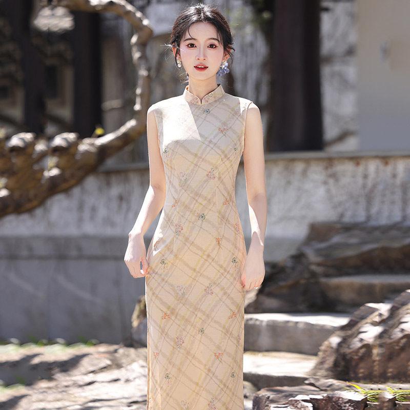 Kareli kolsuz ulusal tarz yeni Çin günlük Suzhou uzun cheongsam geliştirilmiş genç 1011 yeni kadın yüksek duygu
