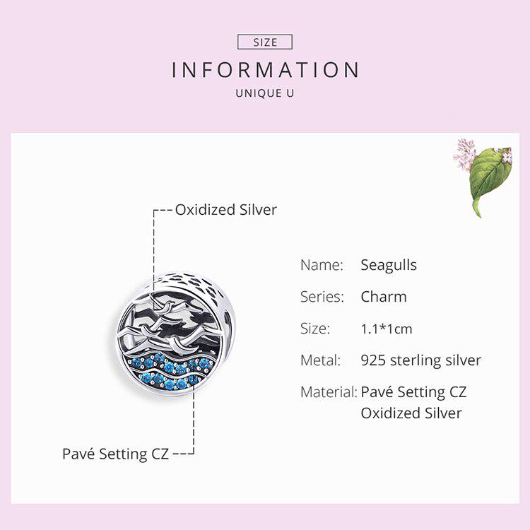 WOSTU Seagulls Charm 925 Sterling Silver Blue Zircon Round Beads Pendant Fit Bracelet Or Necklace