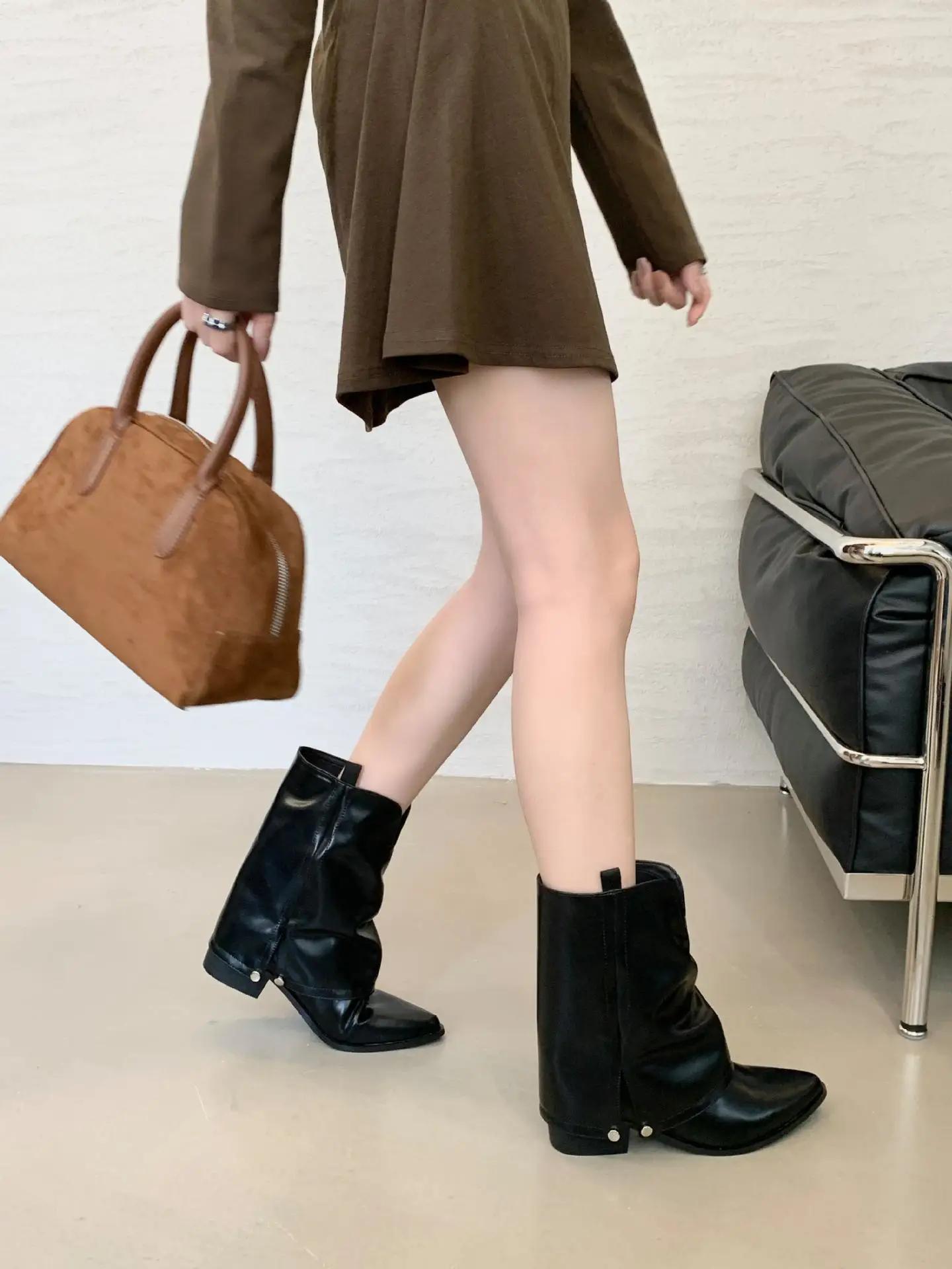 

Vintage Women Western Cowboy Boots Fashion Pointed Toe Shoes Ladies Thick Heel Short Botas Autumn Winter De Mujer 35