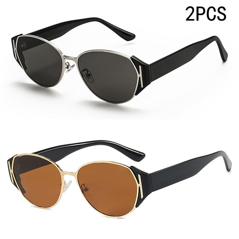2PCS  Girl Retro Cat Eye Sunglasses Women High-end Metal Travel Sunglasses Square Face Makes Her Look Thin