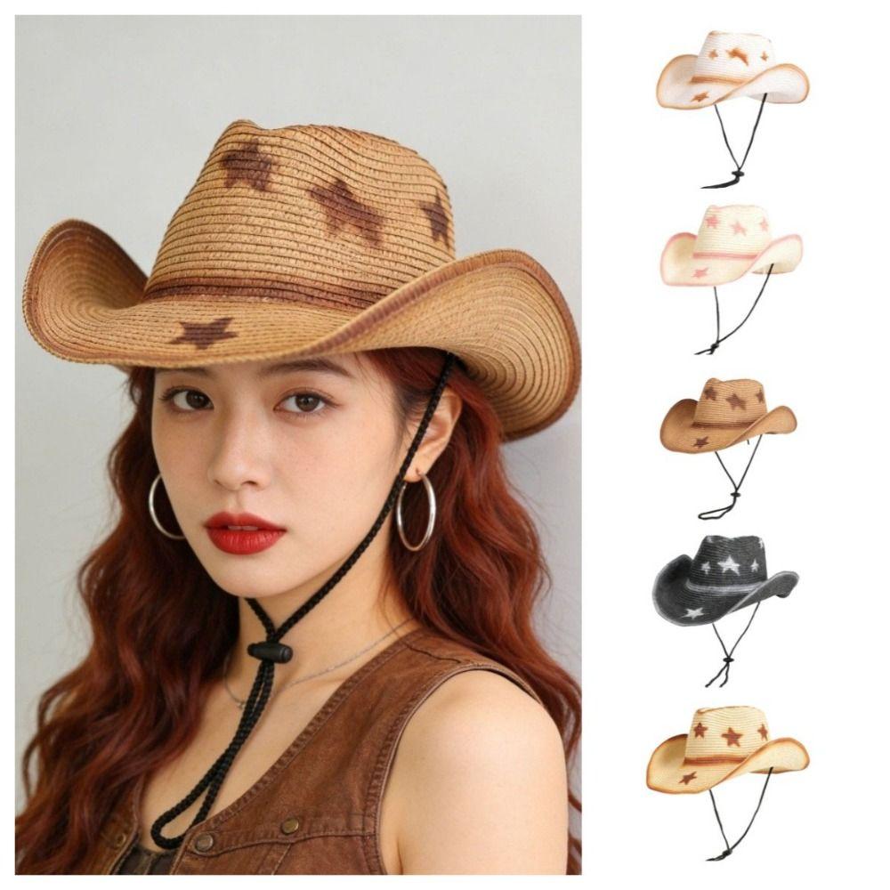 Star Sunscreen Straw Hat Ethnic Style Sun Hat Vintage Western Cowboy Hat  Women Men