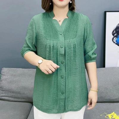 Women's Summer Meat Covering and Slimming Shirt, Mom's Mid Sleeve Plus Size Button Style Shirt