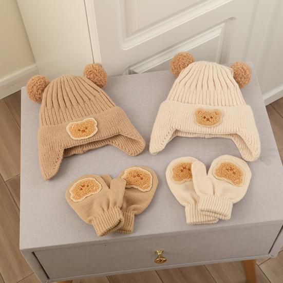 2Pcs/Set Children Hat Gloves Set Bear Ear Shape Ear Protection Solid Color Knitted Hat Elastic Warm Gloves Set Winter Headwear Set