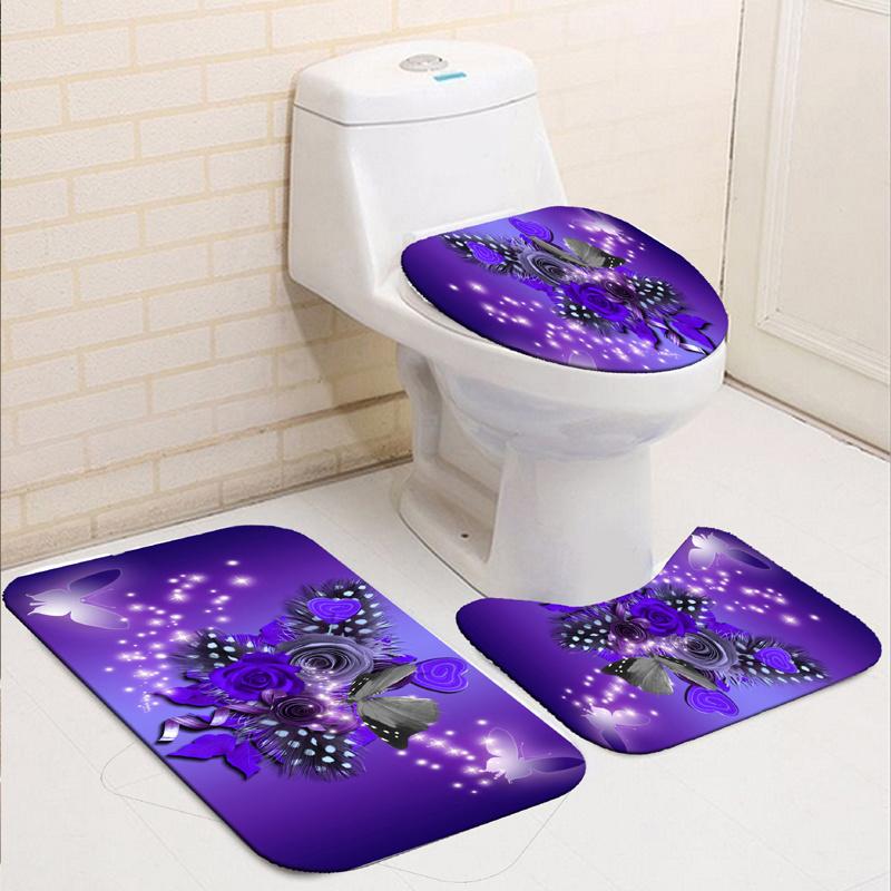 3D Rose Flower Shower Curtain Set Non-Slip Rugs Bath Mat Toilet Lid Cover and 12 Hooks Waterproof Polyester Bathroom Decor