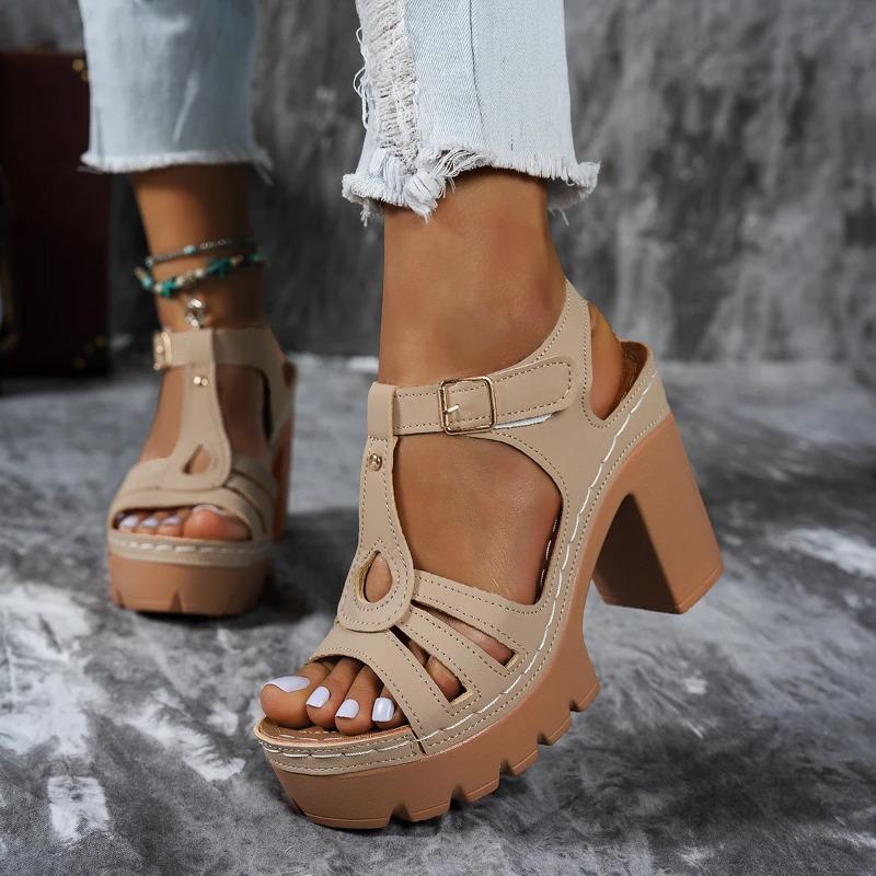 Ethnic Style Roman Line Sandals Summer Casual European American Thick Heels Women's High Heels