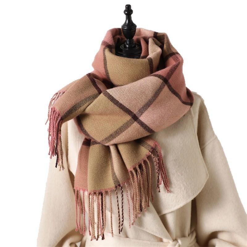 Soft Faux Cashmere Plaid Scarf With Tassels Men Women Warm Winter Wrap Office Chic Casual Wear
