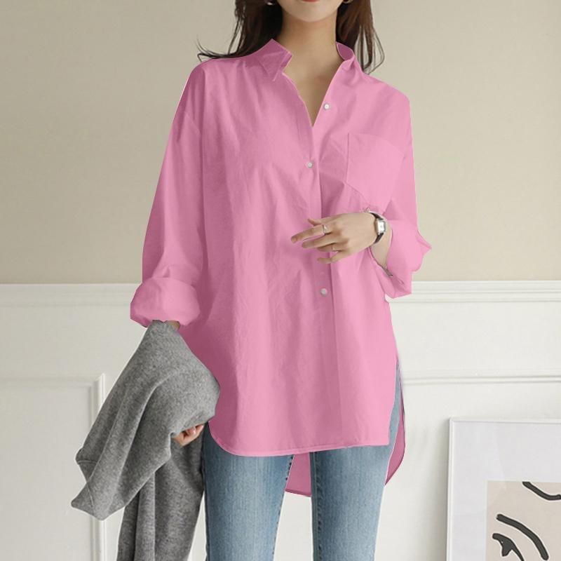 GMXIA Women's Fashion Casual Leisure Solid Color Print Long Sleeve POLO Neck Blouses & Shirts