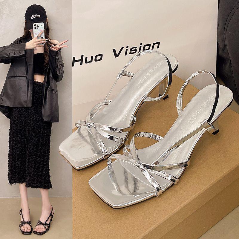Elegant Summer Open Toe Sandals With Cross Straps For Women In Black Nude Silver