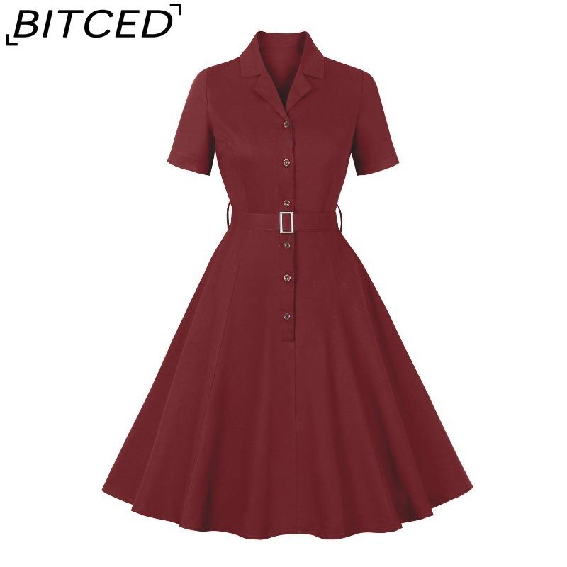 BITCED Women's Single-Breasted Wide-Skirted Retro-Style Waist-Cinched Solid-Colour Dress