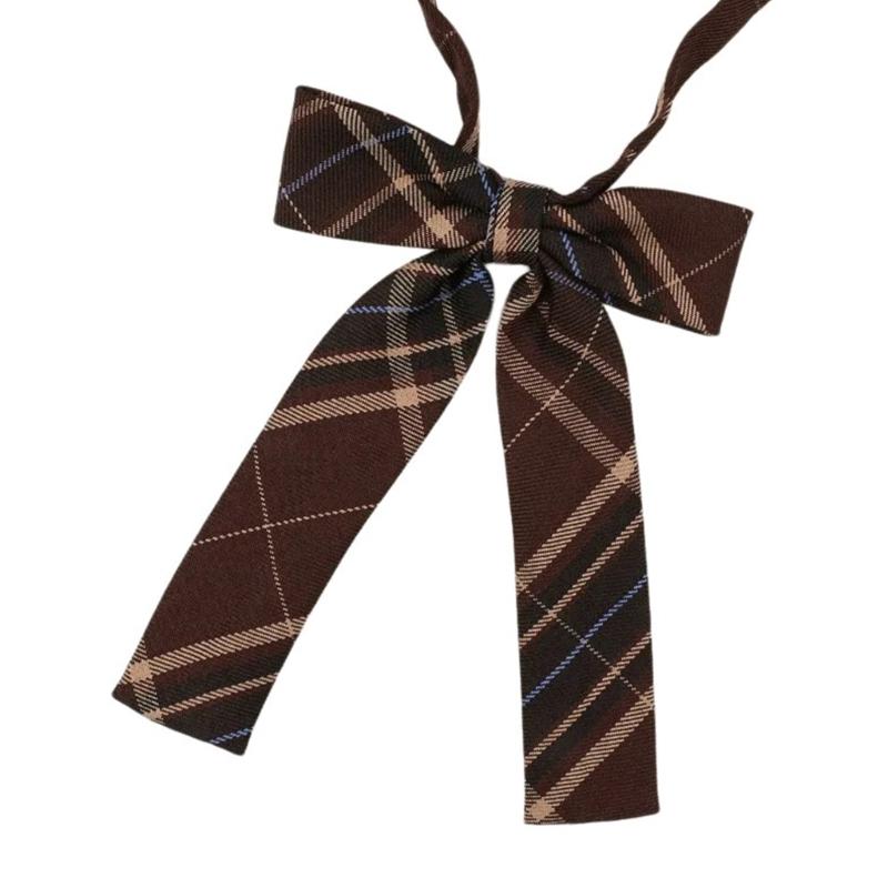 Brown Checkered Striped Neck Tie Pre-Tied Bowtie for Japanese JK School Uniform