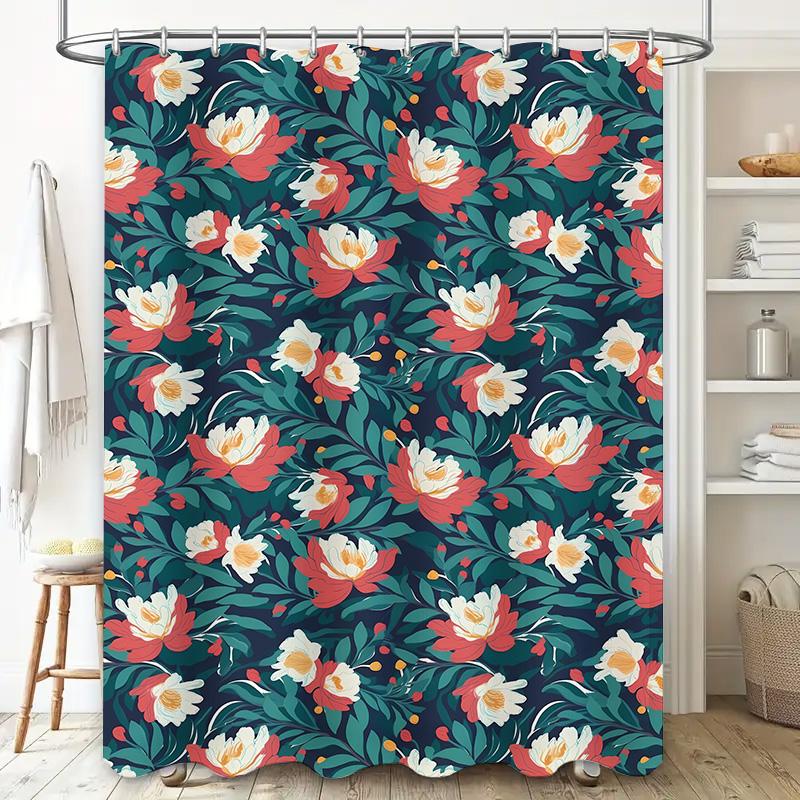 Delightful Garden Floral Shower Curtain White Colorful Bloom Decorative Waterproof Bathroom Liner Set for Home Bath Decoration (