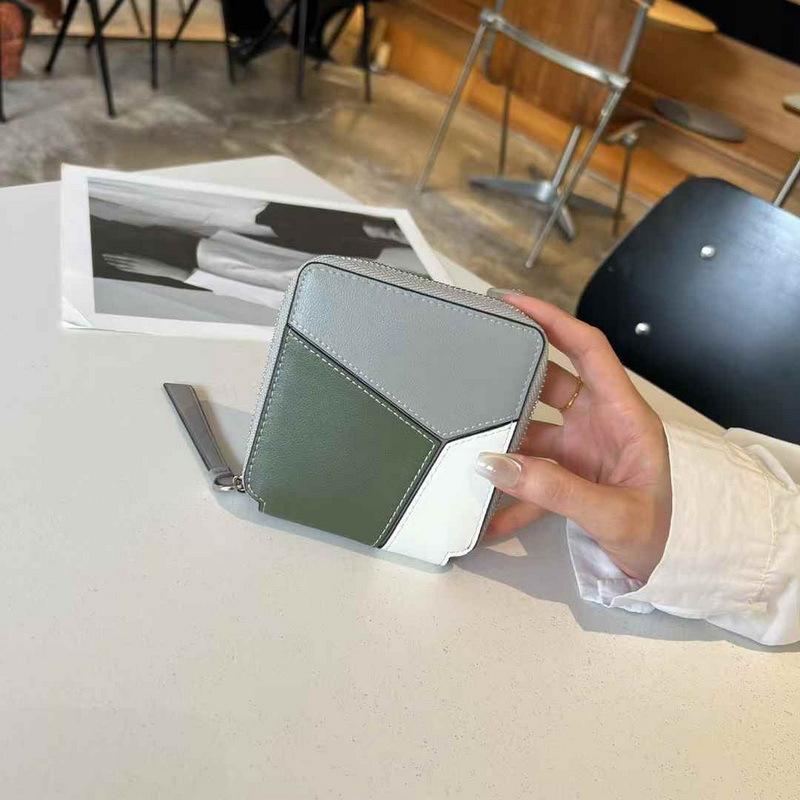 2025 New Genuine Leather Wallet Women's Handbag Wallet Short Style Simple Color Contrasting Geometric Splicing Single Zipper Women's Money