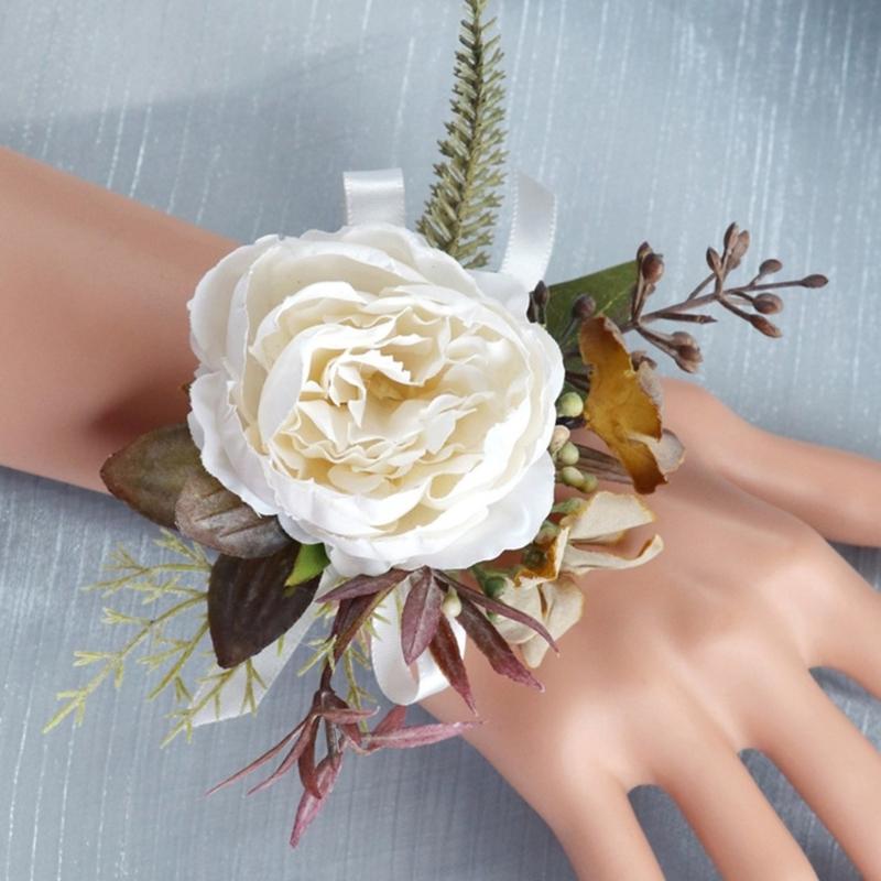 Romantics Champagne Wrist Corsage and Boutonniere Artificial Flower Set for Wedding Ceremonies Bridal Shower Flower