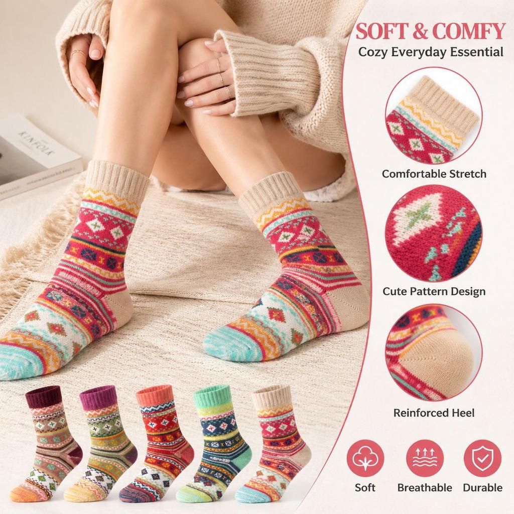 Women's Thick Warm Wool Mid-Calf Socks, Cross Flower Pattern, 5 Pairs