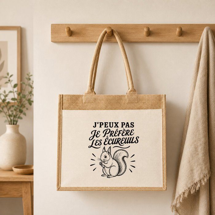 Sac cabas - PLANETEE - J'peux pas minimaliste - Toile de jute et coton - 21 L (43×33×21 cm) - Illustration écureuils