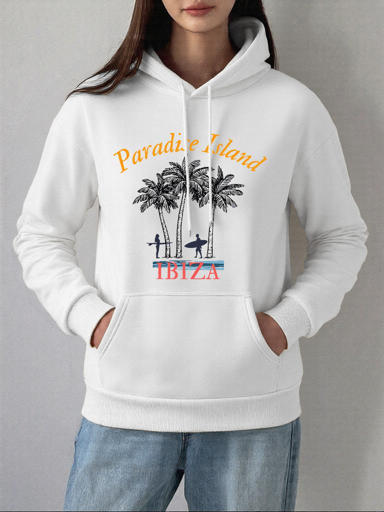 Paradiesinsel Ibiza Print Hoodie Damen Winter Fleece Warm Pullover Basics Tasche Sweatshirts Freizeit Locker Damenkleidung