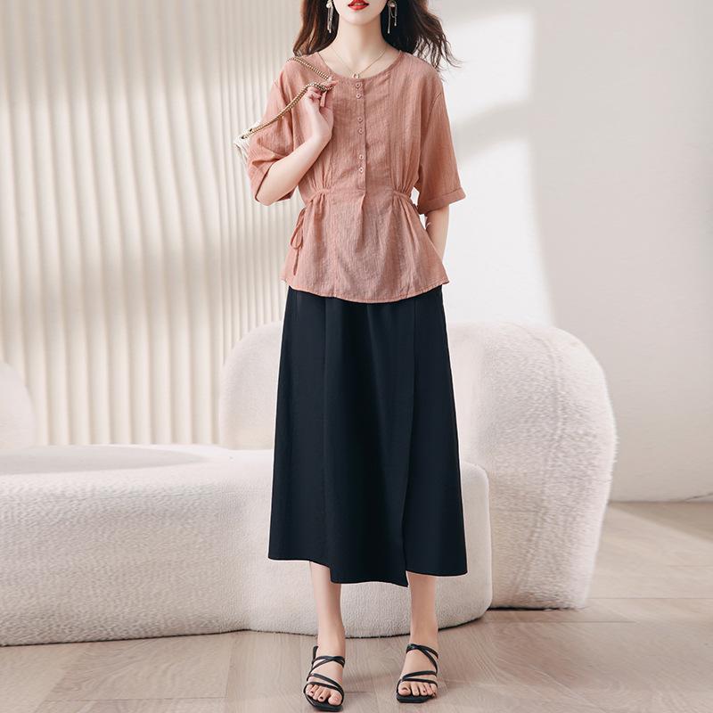 2025 Summer Fashion Tencel Blouse & Midi Skirt Set for Women - Age-Reducing, Casual, Loose Fit 